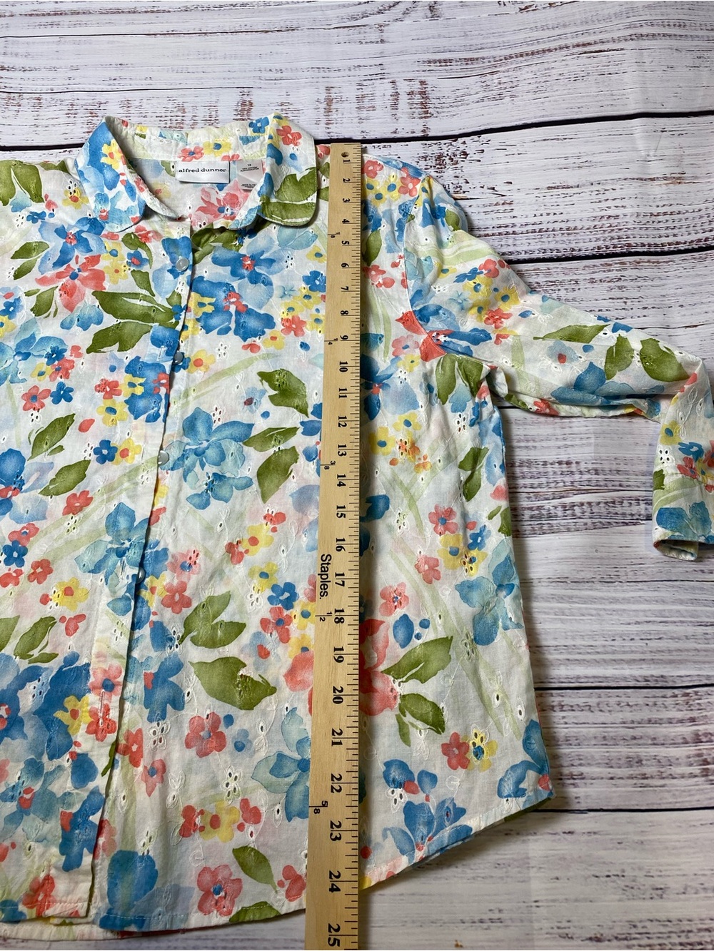 Alfred Dunner Floral Eyelet Button-Up Shirt - Blue, Green, Pink, Yellow - Picture 5 of 6